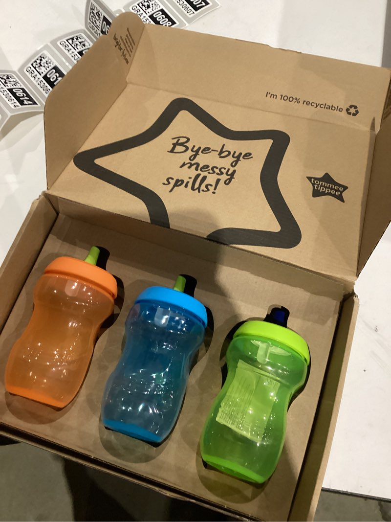 Condition photo showing New/Like New for Tommee Tippee Sportee Water Bottle, for 12m+, 10oz, Pack of 3 Non-Spill Sippy Cups for Toddlers, Orange, Green and Blue, with Bite-Resistant Spout, Easy-Hold and BPA Free | for 12m+, Non-Spill, Sippy Cups, for Toddlers, Easy-Hold Orange, Green and Blue Small Sporty
