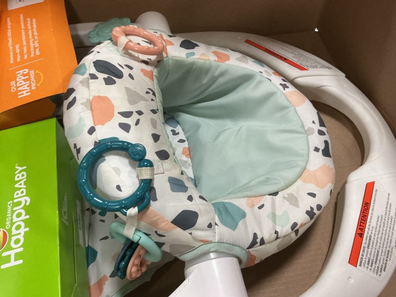 Condition photo showing As Is for fisher-price portable baby chair sit-me-up floor seat with developmental toys & machine washable seat pad, pacific pebble 1 count pacific pebble