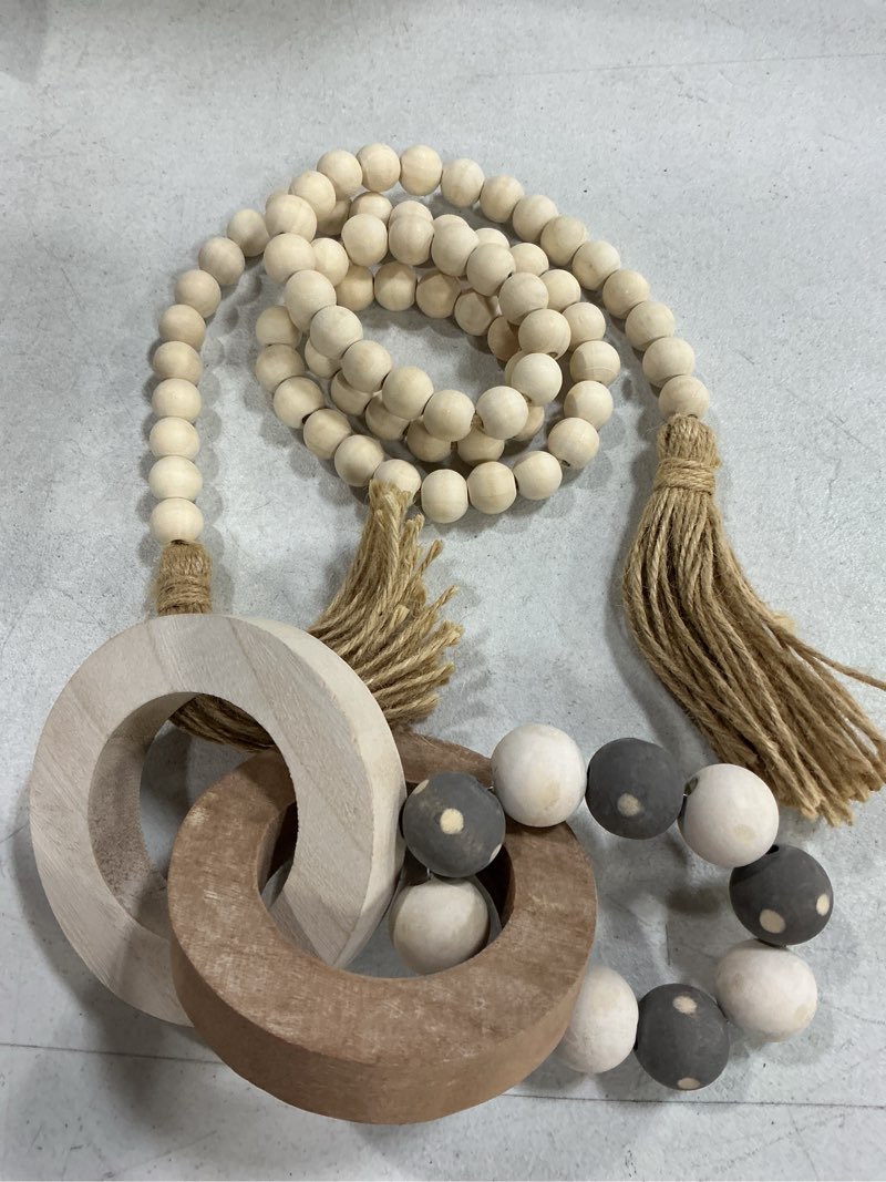 Condition photo showing Good Condition for 2 pieces decorative wood knot link chain decor and bead garland set farmhouse aesthetic natural wooden knot chain link wood bead for boho country home table decor(retro colors)