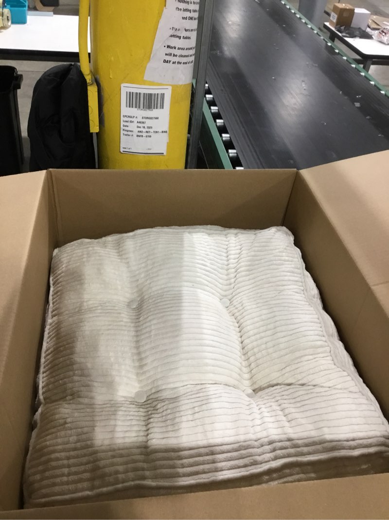 Condition photo showing As Is for HIGOGOGO Square Stuffed Pouf Ottoman, Corduroy Poufs with Foam Chunk Filling, Furry and Fluffy Pouf Foot Stool Storage Ottoman, 21 X 21 Floor Poufs Foot Rest for Living Room, Beige 21.6 Inch Beige