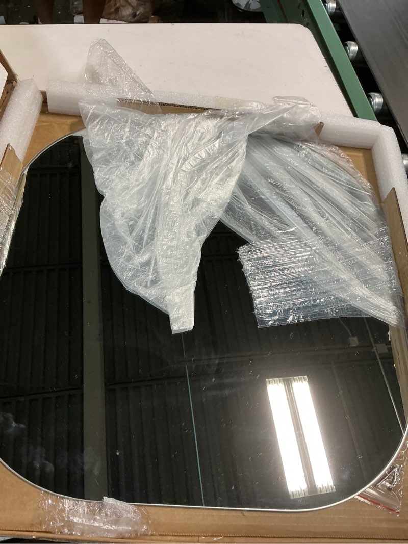 Condition photo showing Good Condition for Tempered Glass Bathroom Vanity Mirror, 20" Frameless Wall Mounted Mirror, Square HD Bathroom Mirrors for Vanity, Entryway, Living Room, Home Decor, 0.2" Thick, Polished Rounded Corner Square 20"L x 20"W