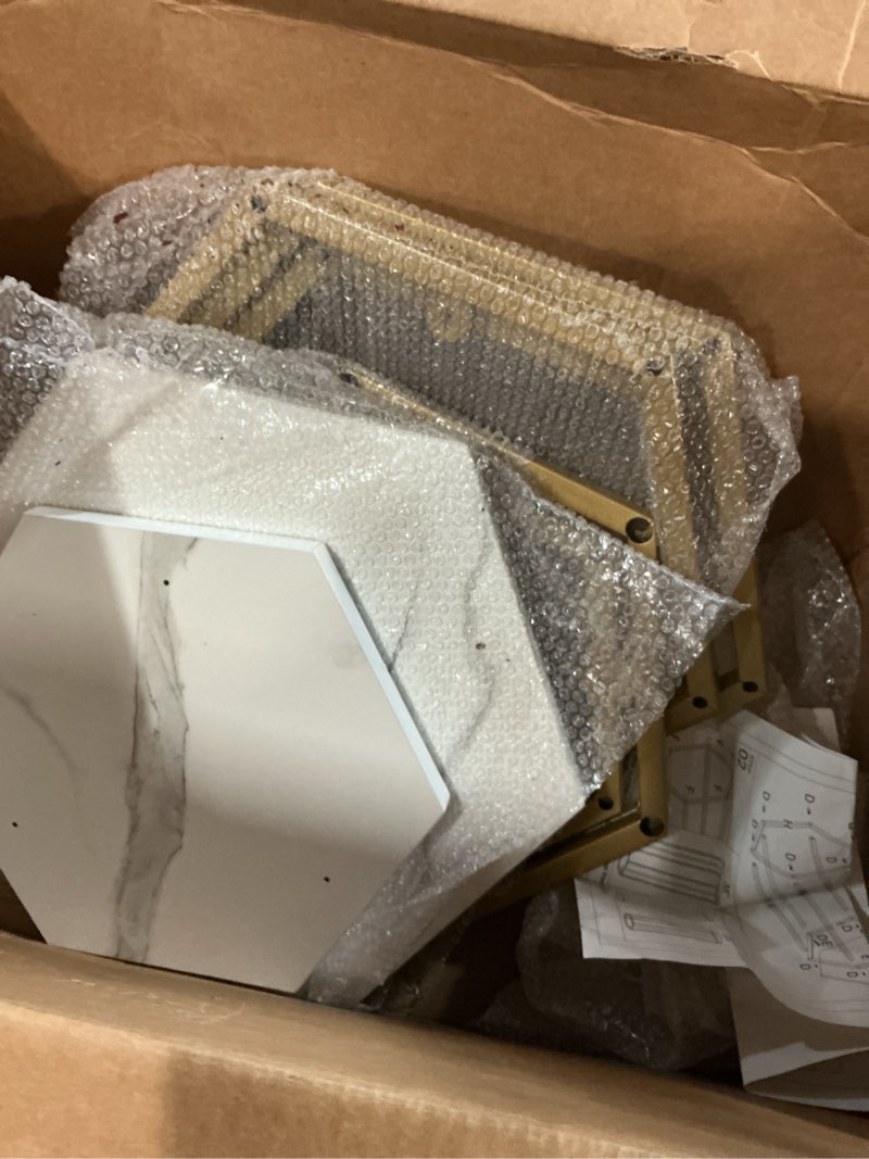 Condition photo showing As Is for Hexagon pedestal stand gold and white (similar to stock photo)