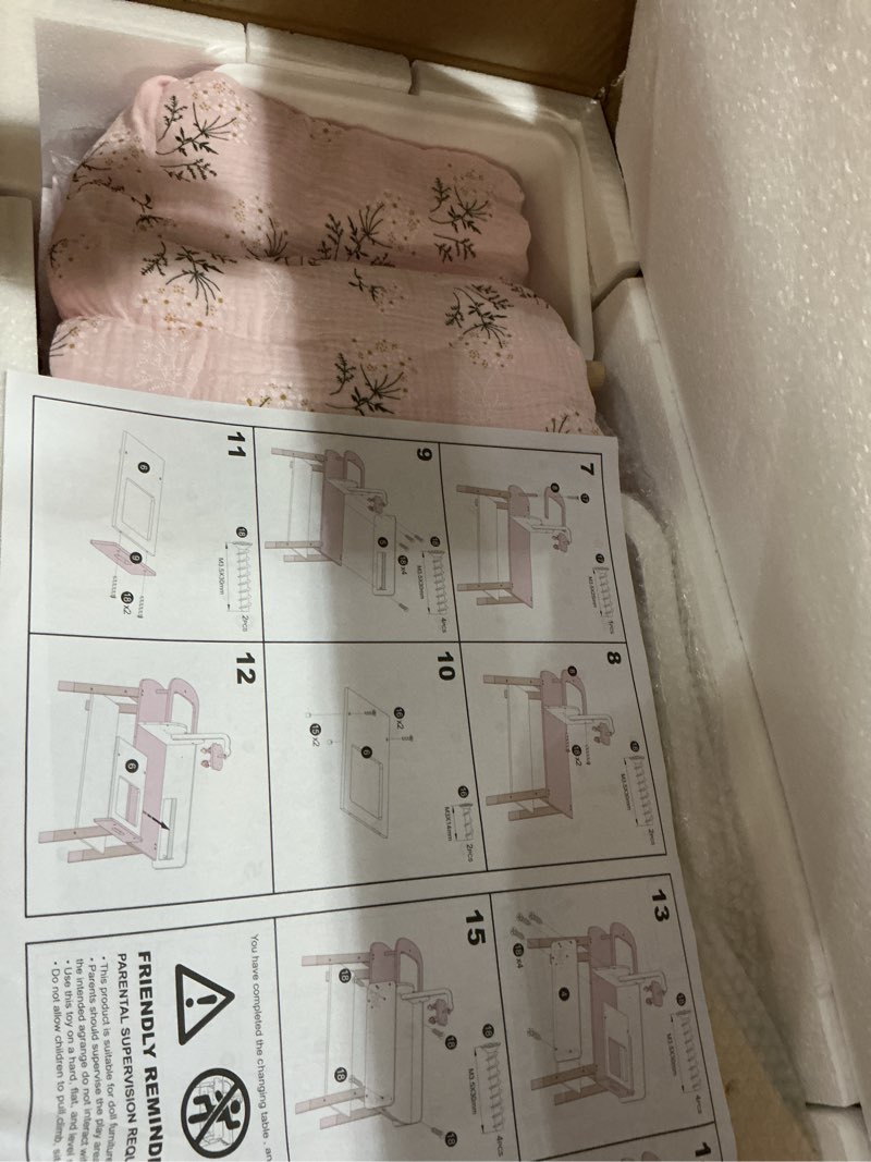 Condition photo showing New/Like New for robotime 18 inch doll changing table, wooden baby doll bed with storage bins & drawer, pink doll nursery furniture for 18 inch dolls, baby doll furniture for pretend play