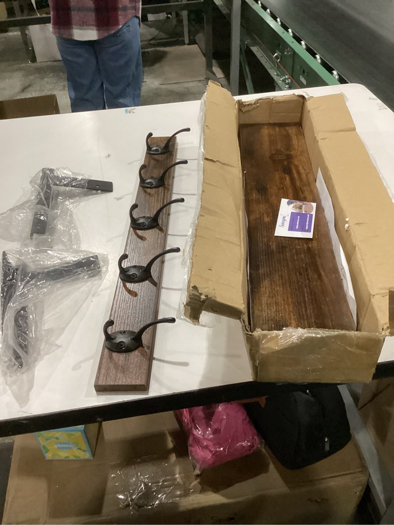 Condition photo showing As Is for FNBAR Coat Rack with Wall Mount, 23 Inch Long Entryway Wall Shelf with Hooks, Wood Hanger with Storage Shelf for Bathroom, Hallway, Rustic Brown