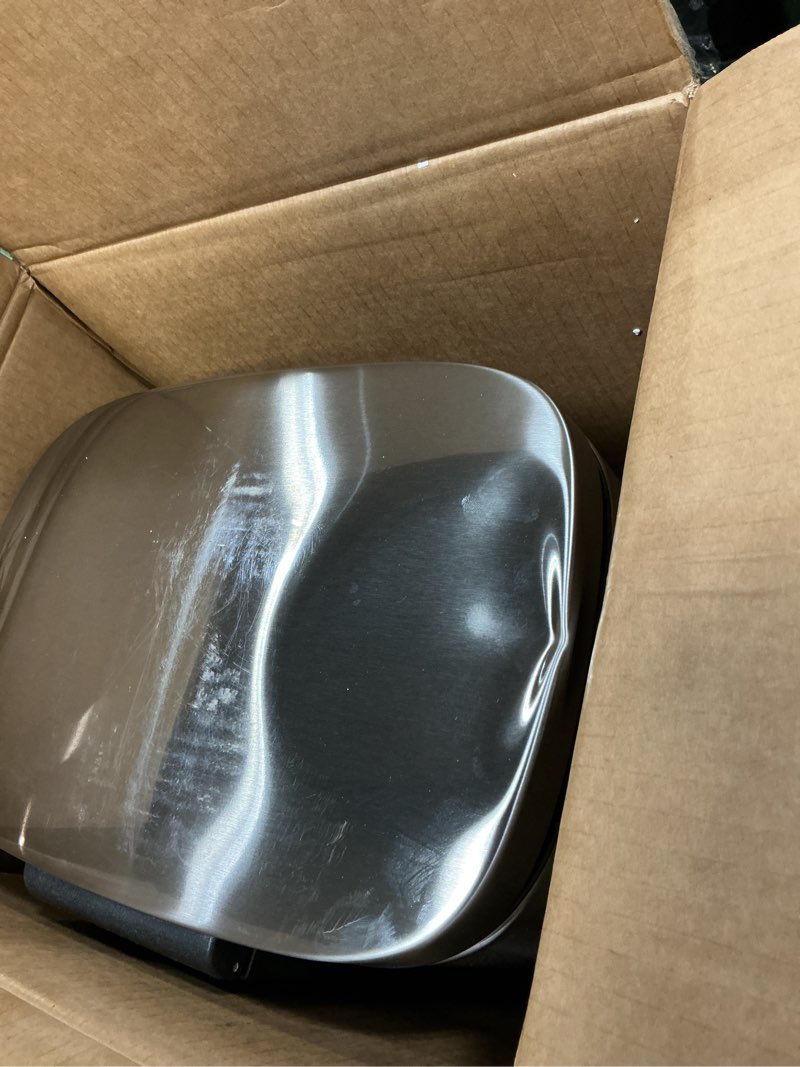 Condition photo showing As Is for Amazon Basics Smudge Resistant Rectangular Trash Can With Soft-Close Foot Pedal, Brushed Stainless Steel, 30L/7.9 Gal, 13.8x11.8x25 in, Satin Nickel Finish Satin Nickel Middle, 30L/7.9 Gal