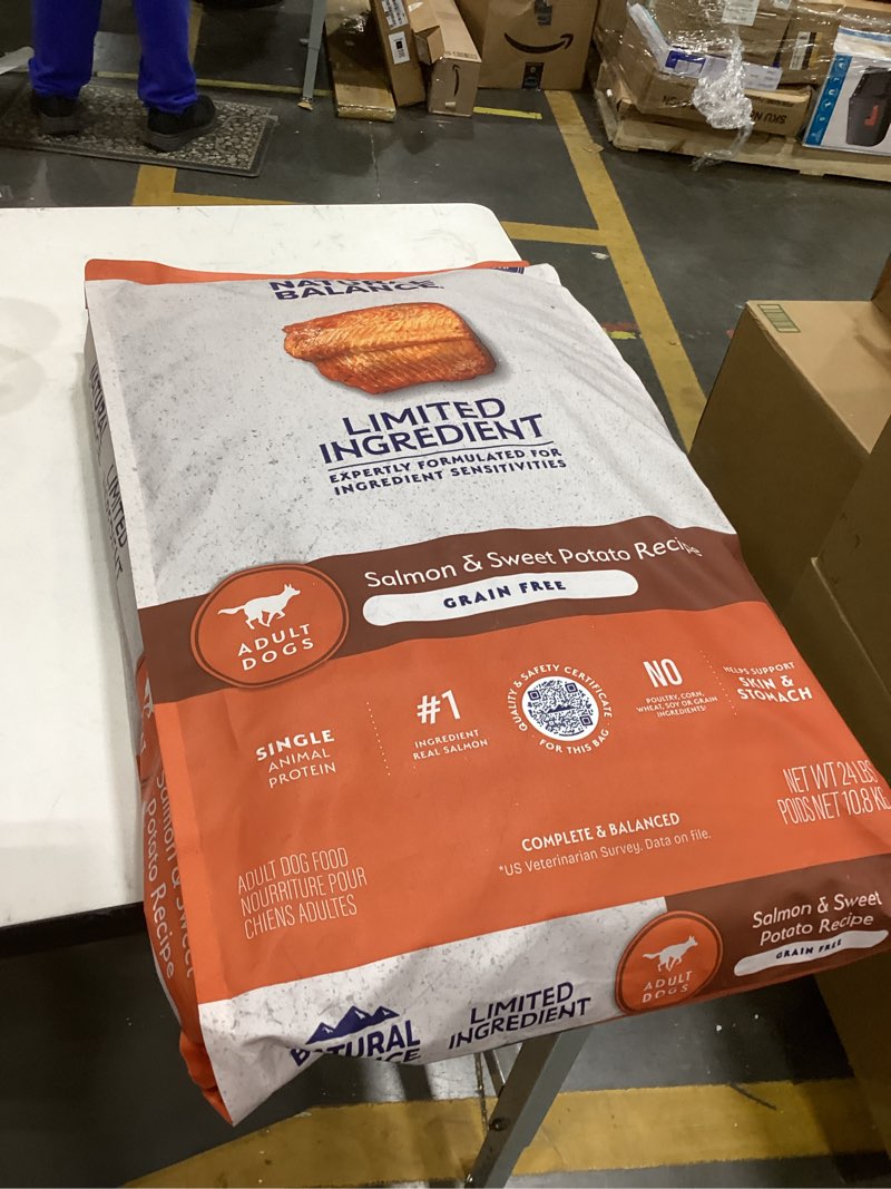 Condition photo showing New/Like New for natural balance limited ingredient adult grain-free dry dog food, salmon & sweet potato recipe, single protein, sensitive stomach & skin support that is vet recommended, 24lb (pk of 1) salmon & sweet potato 24 pound (pack of 1)