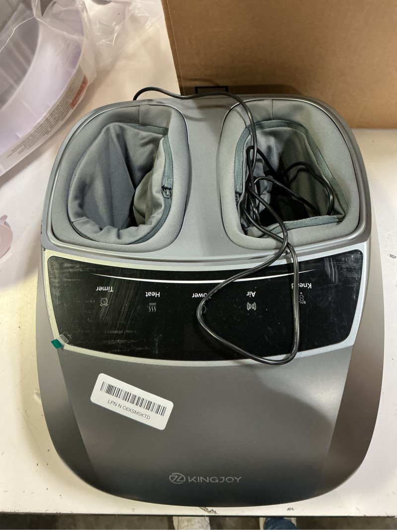 Condition photo showing As Is for kingjoy foot massager with heat for neuropathy, [2026 upgraded], deep kneading shiatsu foot massager for plantar fasciitis, fits up to men size 14, gifts for women mom men dad seniors gray