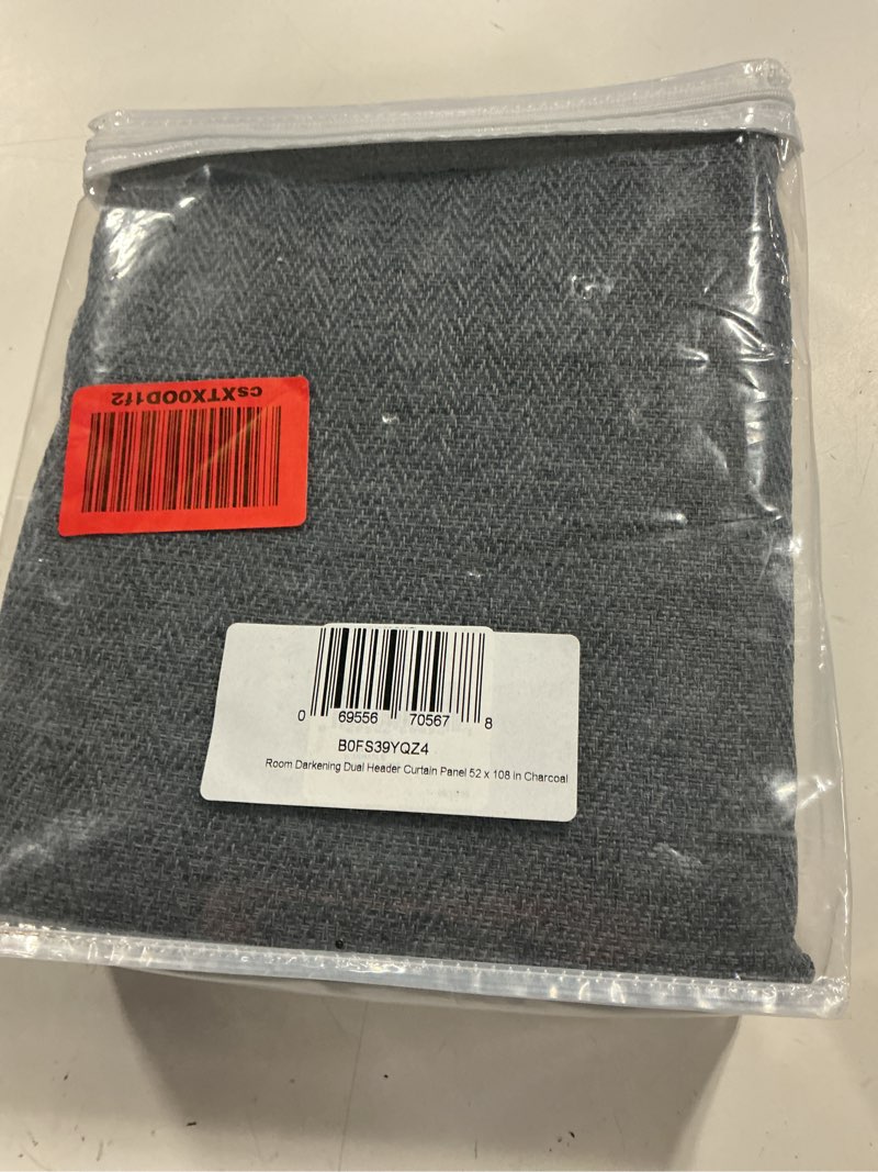 Condition photo showing New/Like New for room darkening dual header curtain panel 52 x 108 in charcoal