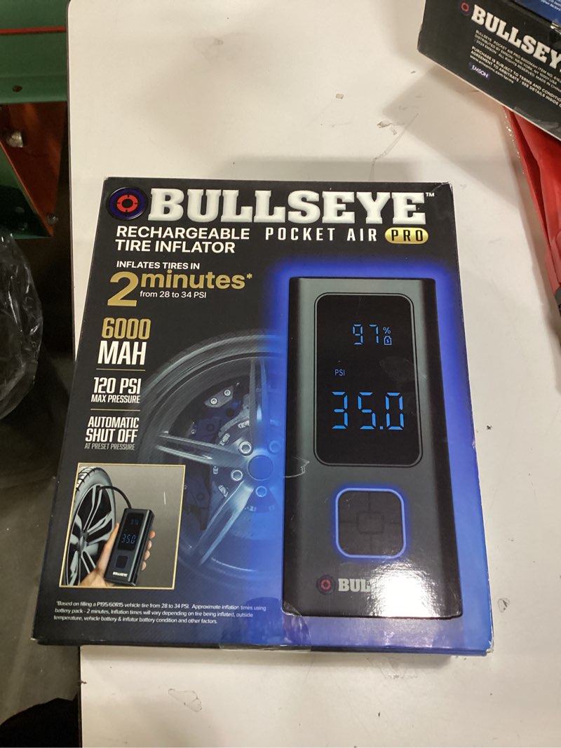 Condition photo showing New/Like New for pocket air pro tire inflator portable air compressor by bullseye pro for tires, balls, bike with persta valve, auto shut off, inflates in 2 min, cordless rechargeable 6000mah,150 psi, sos light pro 6000mah