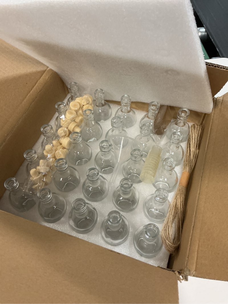 Condition photo showing New/Like New for 25 pcs 1.7oz mini glass liquor with lids small glass wine bottles reusable empty alcohol bottles for christmas birthday weddings party favors (50ml25pc)