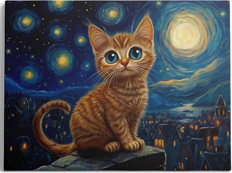 Ypxzzj Van Gogh Starry Night With Cats Canvas Wall Art,Night Starry Pictures Paintings Wall Decor, Animal Cat Artworks for Bedroom Living Room Wall Decor Framed Ready to Hang