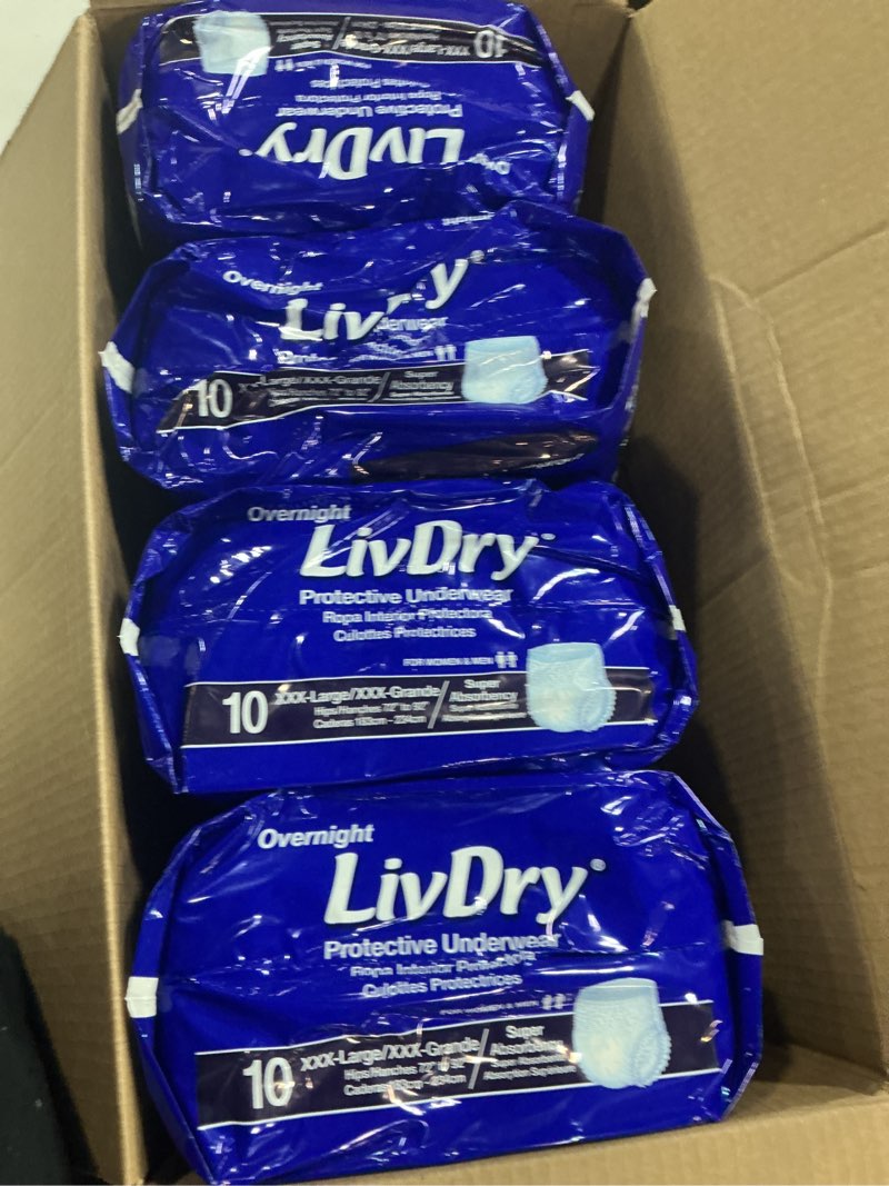 Condition photo showing New/Like New for LivDry 3XL Overnight Adult Diapers for Women and Men, XXXL Incontinence Underwear, 72”-92\" Waist, Disposable Pull-On Briefs, XXX-Large, 40 Count 3X-Large (40 Count)