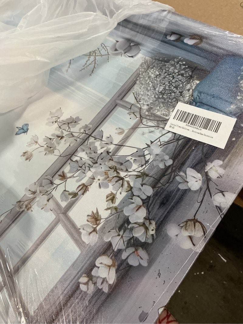 Condition photo showing item condition for Coastal Flower Bathroom Canvas Wall Art Farmhouse Cotton Bouquet and Butterfly Bathroom on Window Wall Decor Rustic Blue Beach Butterfly Poster Print for Living Room Bedroom Restroom Home Decoration Canvas 24L" x 16W"