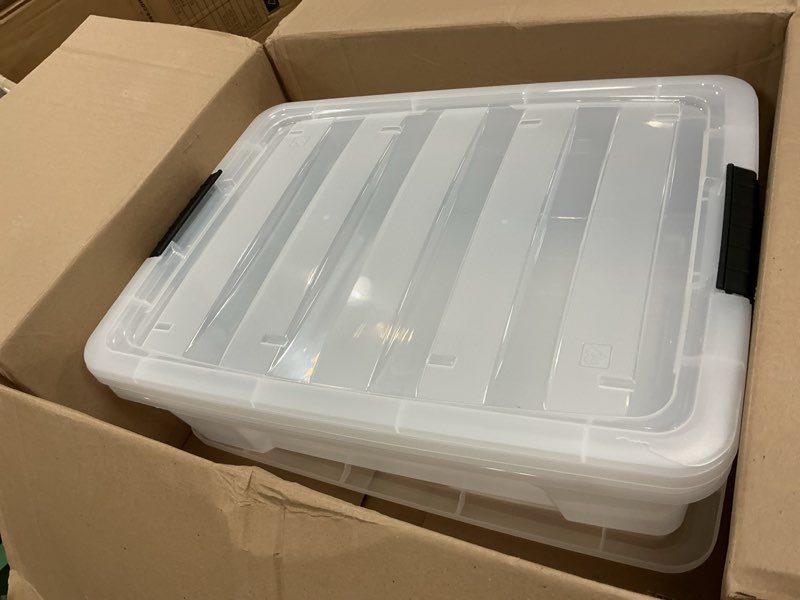 Condition photo showing Good Condition for IRIS USA 27 Qt Stackable Plastic Storage Bins with Lids, 2 Pack - BPA-Free, Made in USA - Discreet Organizing Solution, Latches, Durable Nestable Containers, Secure Pull Handle - Clear Clear 27 Qt 2 Pack