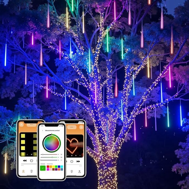 smart meteor shower lights outdoor, 16tube 256led 24.6ft color changing dripping icicle christmas lights for outdoor outside, app controlled rgb customize display diy dynamic lighting effec