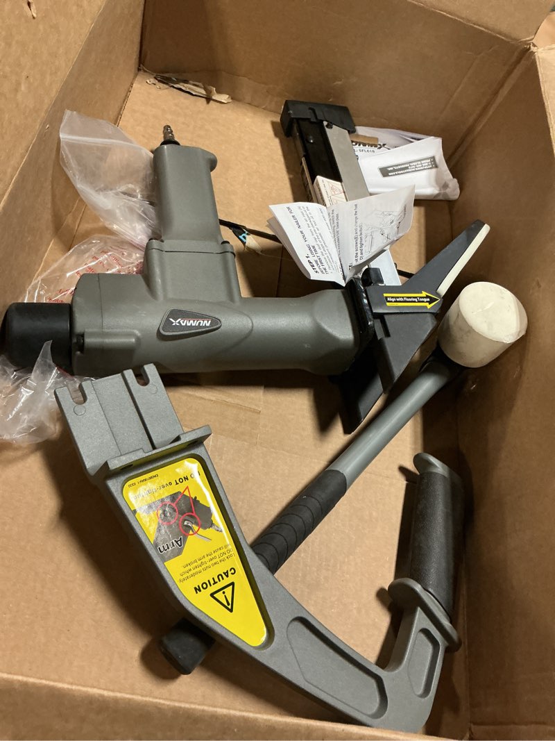 Condition photo showing As Is for numax sfl618 pneumatic 3-in-1 15.5-gauge and 16-gauge 2" flooring nailer / stapler with flooring mallet and interchangeable base plates flooring nailers