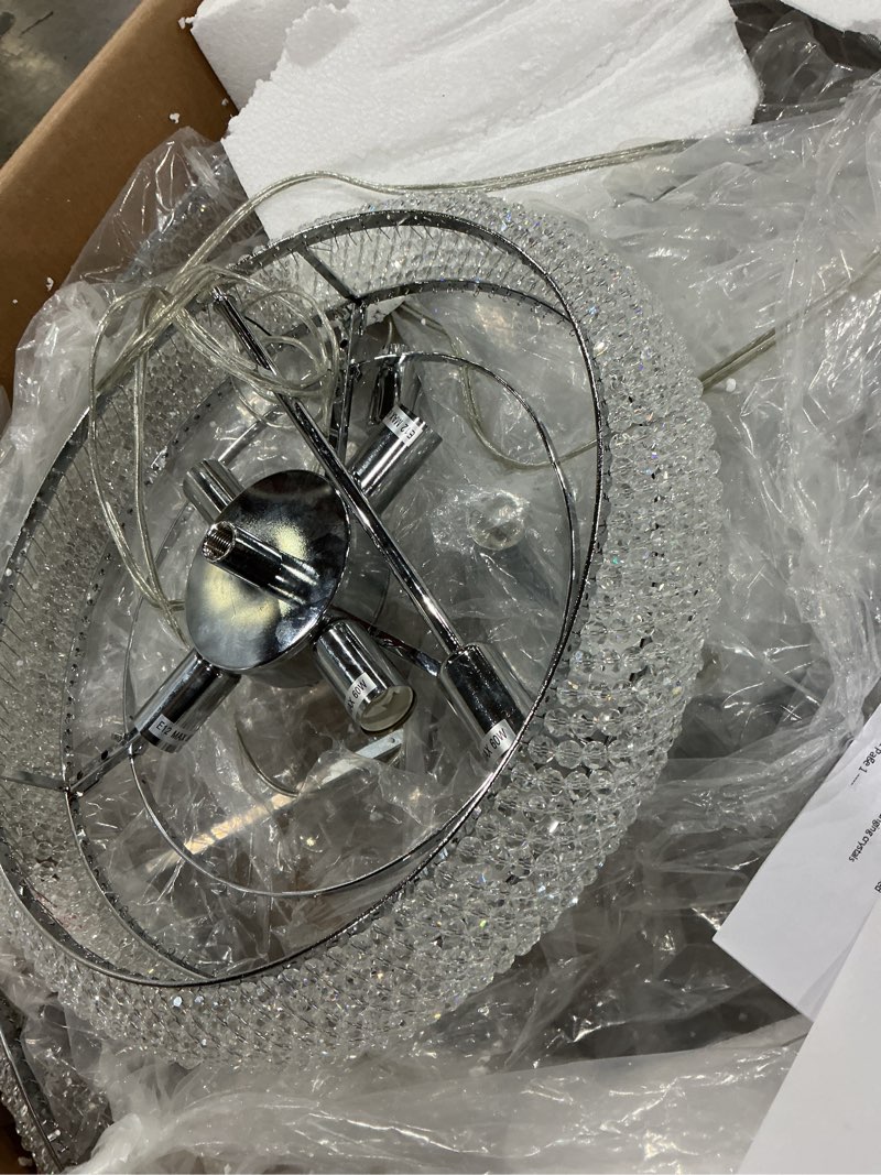 Condition photo showing As Is for large crystal chandelier light fixtures - diameter 31.5 inch, 3 layers chrome ceiling haning chandeliers, pendant lighting for living room, staircase, foyer