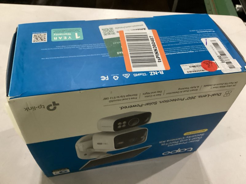 Condition photo showing As Is for tapo 2k dual lens pan/tilt security battery camera wireless w/solar panel, 165° wide-angle + 6mm telephoto, free person/vehicle detection, 360° pan, sd/cloud storage, works w/alexa & google, c645d kit solar dual-lens 2k pan/tilt