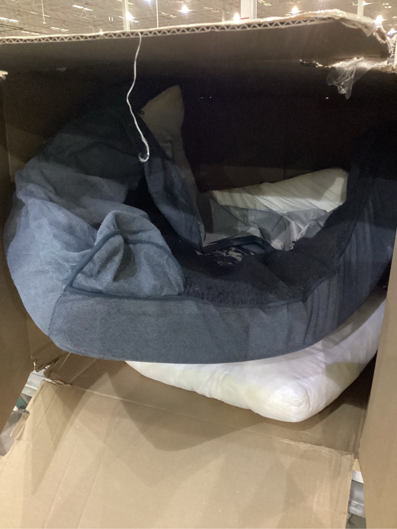 Condition photo showing As Is for Furhaven Memory Foam Dog Bed for Large Dogs w/ Removable Bolsters & Washable Cover, For Dogs Up to 95 lbs - Sherpa & Chenille Sofa - Orion Blue, Jumbo/XL (Sherpa & Chenille) Orion Blue Jumbo