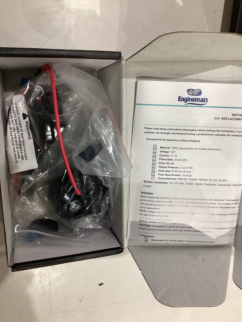 Condition photo showing As Is for universal electric fuel pump 12v 2.5-4.5 psi inline external 5/16 inch compatiable with gas diesel marine carburetor marine e8016s e8016s 2.5-4.5 psi