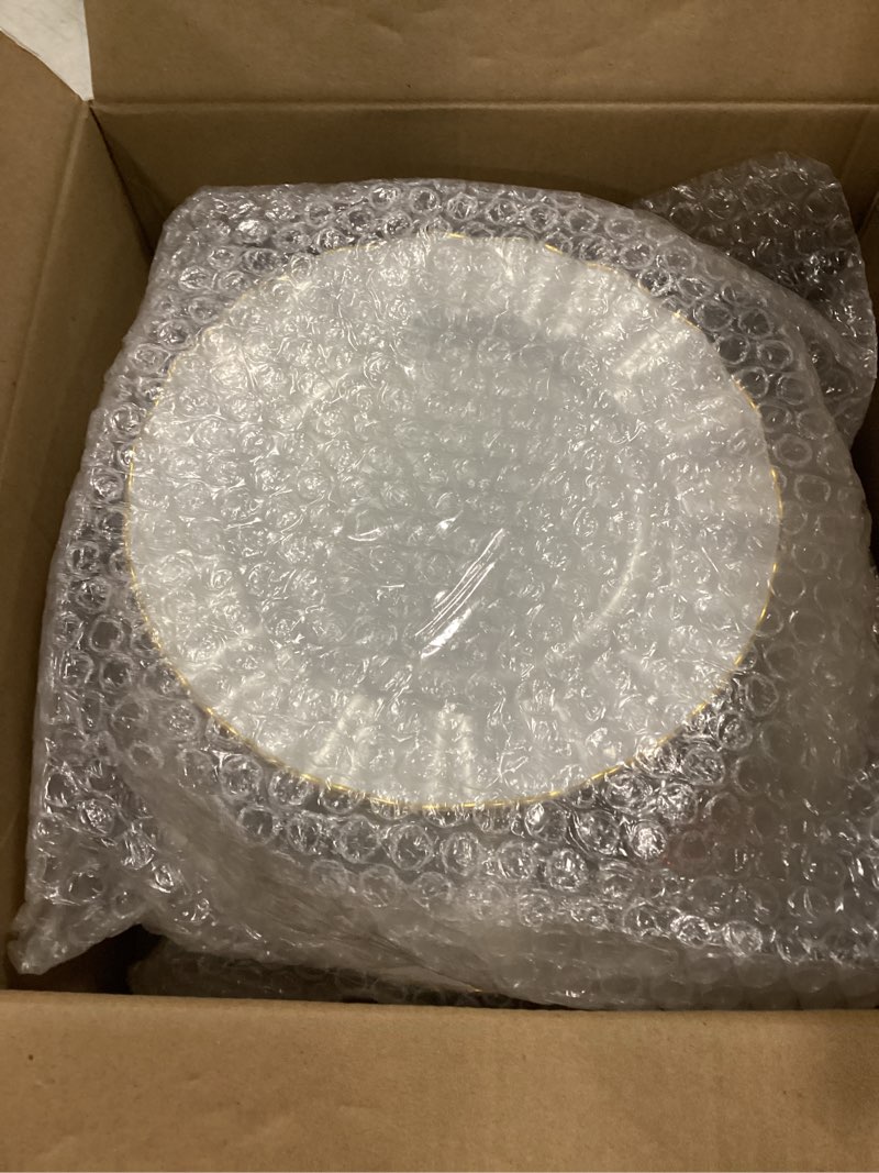 Condition photo showing New/Like New for 120pcs pearl white plastic plates, heavy duty disposable party plates with gold rim, 60 dinner & 60 dessert for parties and wedding peal white 120pcs