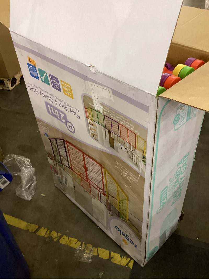 Condition photo showing As Is for Regalo Safety 260-Inch Super Wide Baby Gate and Play Yard, 2-in-1 Convertible Plastic Baby Gate, Extra Wide Safety Barrier, Hardware Mounted, Adjustable Panels for Openings, Ages 6–24 Months Multicolor