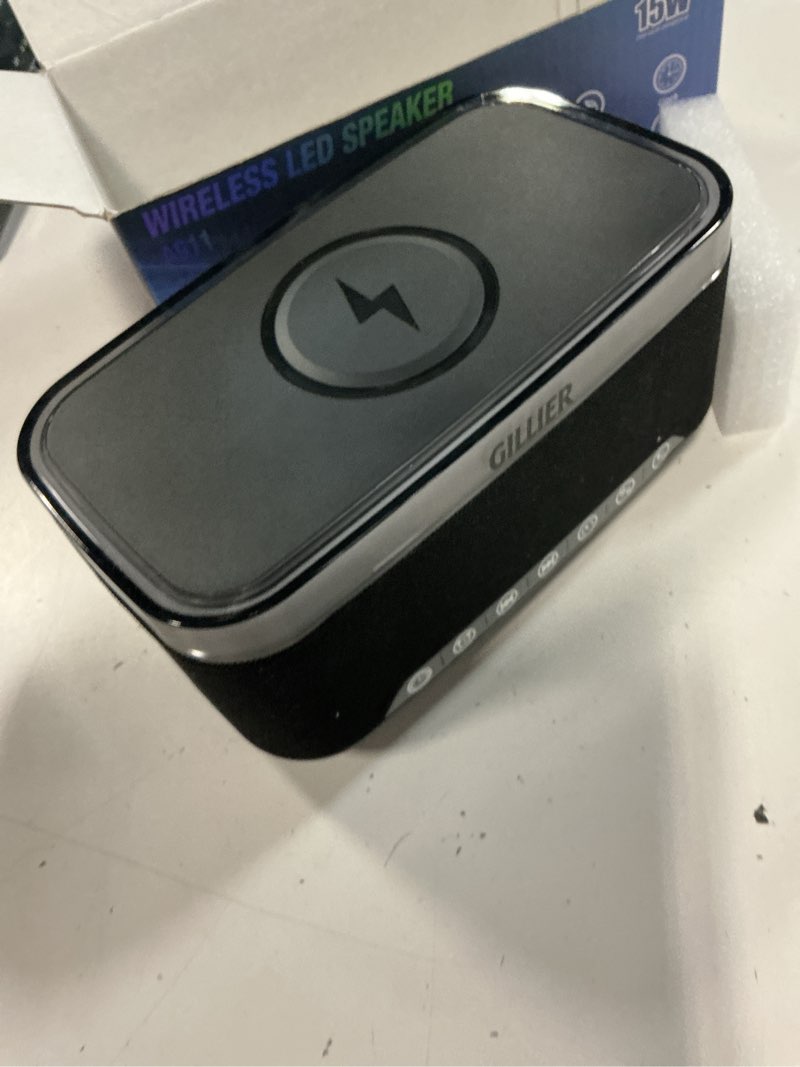 Condition photo showing Good Condition for bluetooth speaker with wireless charging, alarm clock radio for bedrooms 6 in 1 dimmable digital clock with fm radio white noise charging station rgb led night light for iphone samsung
