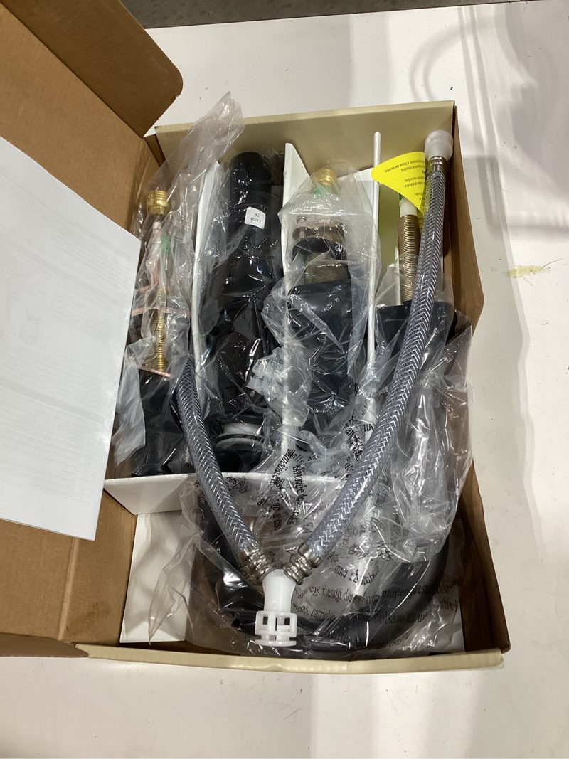 Condition photo showing As Is for allen + roth dunmore matte black widespread 2-handle watersense high-arc residential handle bathroom sink faucet with drain
