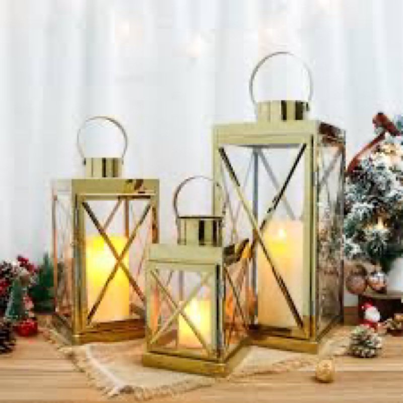 TRIROCKS Gold Stainless Steel Lantern Set of 3-Square Elegance 8/12/16 Inch Opulent Metal Candle Lan