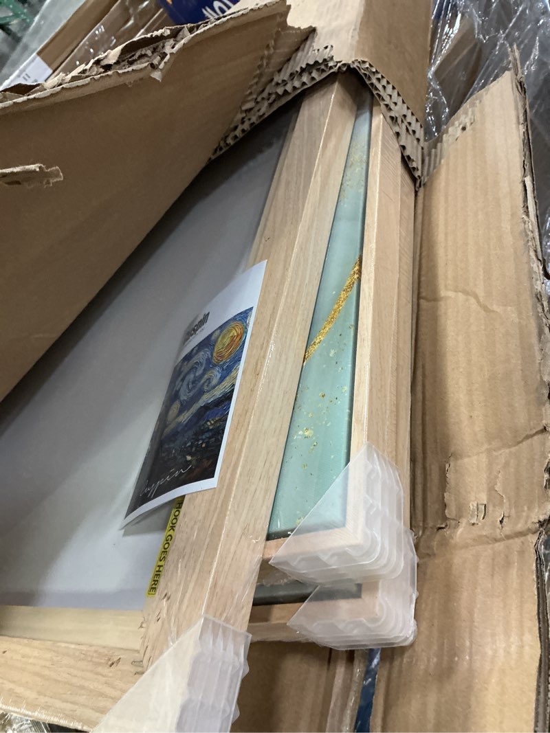 Condition photo showing New/Like New for Large Framed Sage Green Abstract Wall Art for Living Room, 3 Piece Green and Gold Canvas Prints Paintings Artwork for Walls, Modern Minimalist Pictures for Hallway Stair Office Wall Decor 24x36 In 24" W x 36" H x 3Pcs Glitter