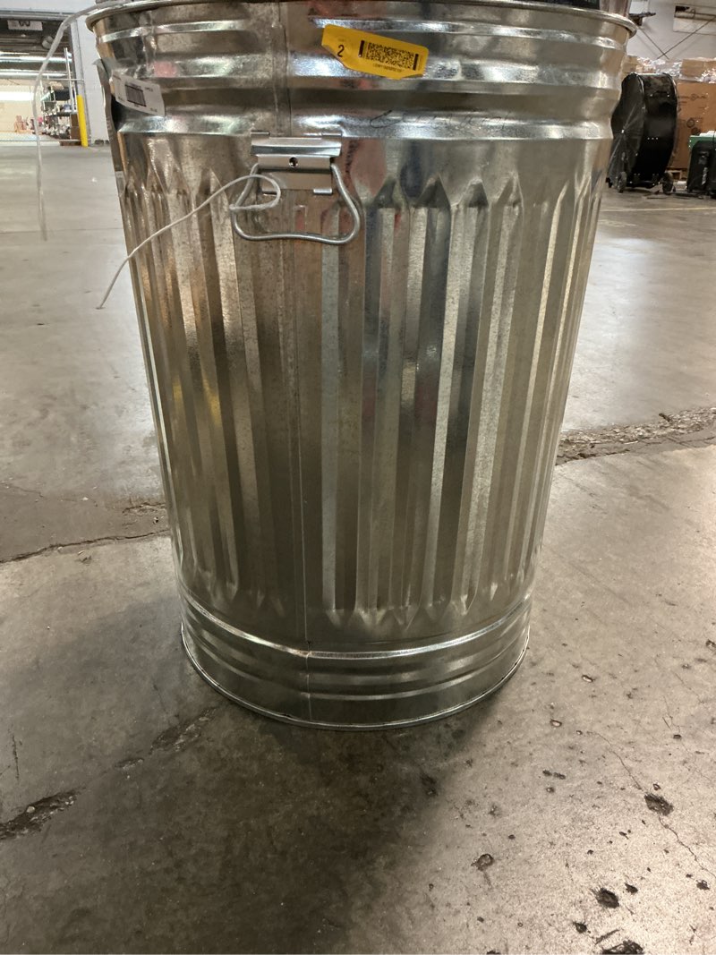 Condition photo showing As Is for 31 gallon galvanized steel round metal household trash can no lid