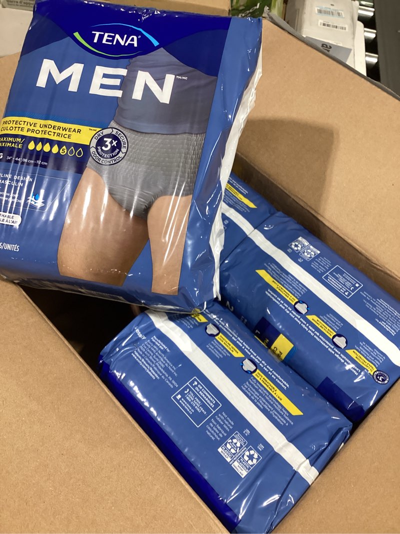 Condition photo showing New/Like New for tena protective incontinence underwear for men, maximum, large, grey, 80 count (waist size 34in-44in) large 80