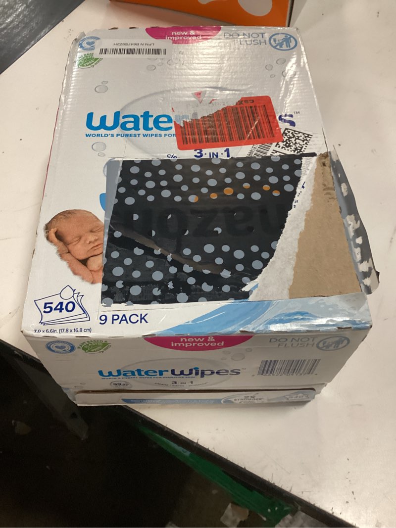 Condition photo showing New/Like New for waterwipes sensitive+ newborn & baby wipes, 3-in-1 cleans, cares, protects, 99.9% water, unscented & hypoallergenic, 540 count (9 packs) 60 count (pack of 9)
