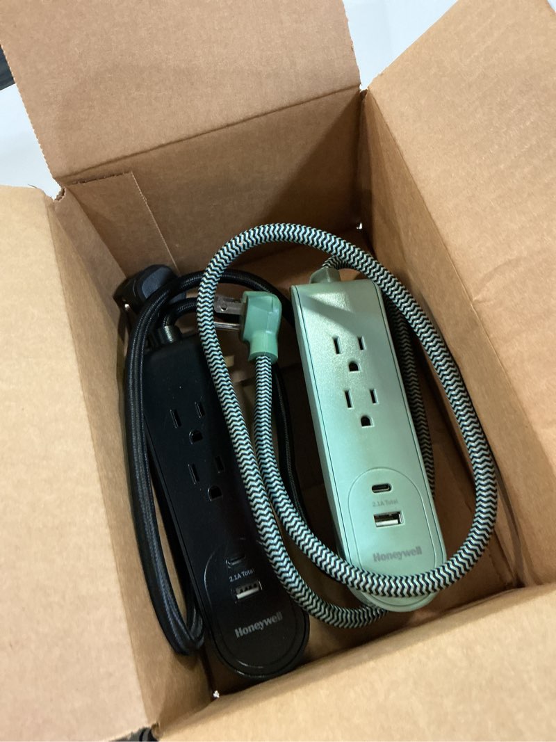 Condition photo showing As Is for (2pcs)honeywell 3 ft. fabric power strip with 2 ac & 2 usb ports (2.1a), 45° angled flat plug