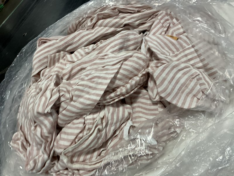 Condition photo showing As Is for european linen deluxe bedding bundle, king, dusty mauve/white stripe