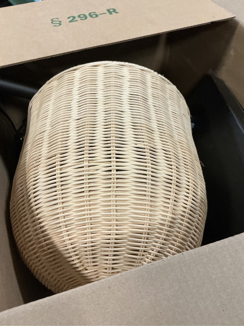 Condition photo showing As Is for adesso bronze arc floor lamp with a rattan shade – modern, coastal overhead accent light for bedroom, living room, or home office, 80” tall dark bronze arc floor lamp