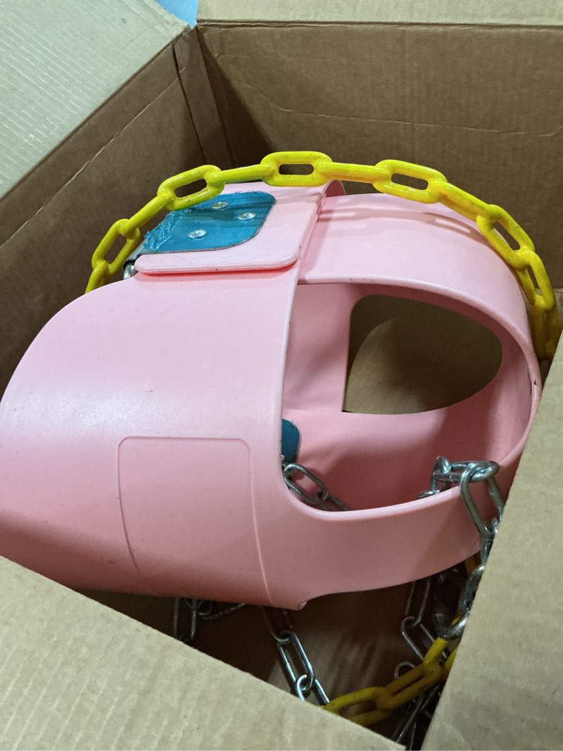Condition photo showing As Is for DECORLIFE Toddler Swing - High Back Full Bucket Seat for Ages 1-3, 330lb Capacity, Baby infant Swing Outdoor with Safety Design, Plastic-Coated Chains, Carabiners for Backyard, Playground, Garden-Pink