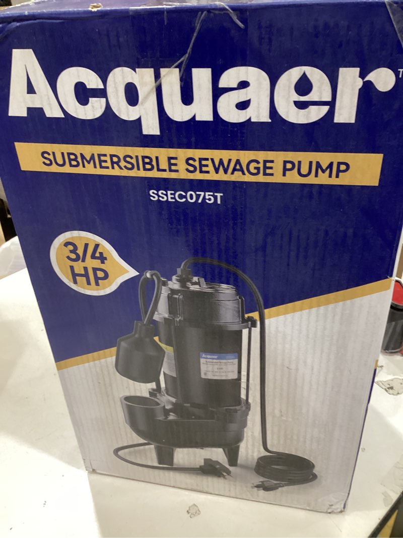 Condition photo showing New/Like New for Acquaer 3/4HP Submersible Sewage Effluent Pump, Cast Iron, 115V 6400 GPH Automatic Tethered Float Switch, Sump Pump for Sump Basin, Basement, Residential Sewage, 2'' NPT Discharge 3/4 HP 6400 GPH Sewage Pump