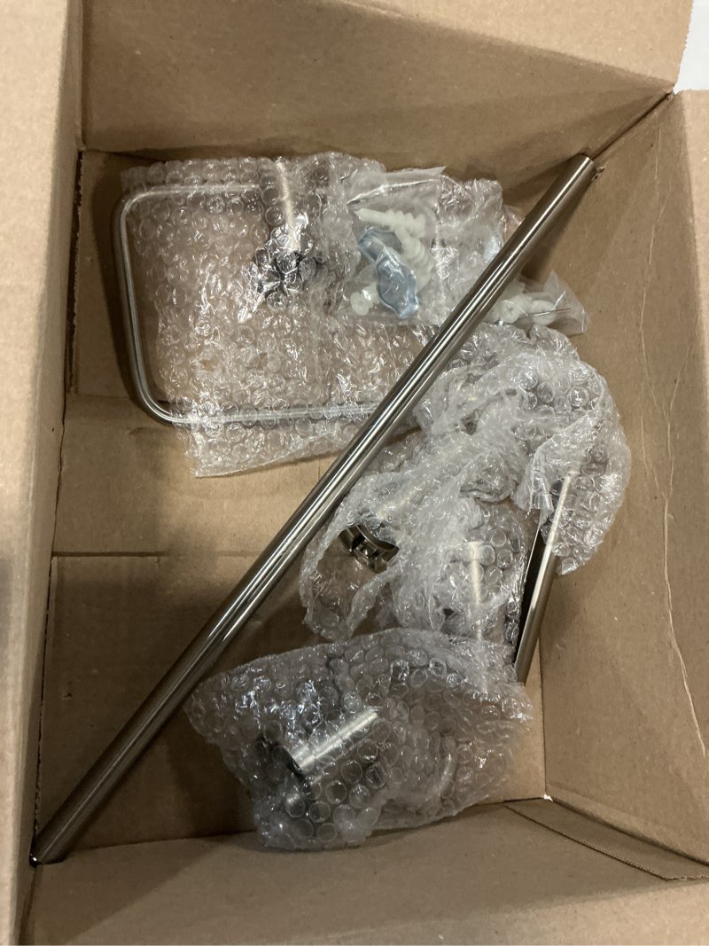 Condition photo showing As Is for delta faucet nic64-dn nicoli 4-piece bath hardware set 18 to 24 in. towel bar, toilet paper holder, towel ring, towel hook in brushed nickel spotshield brushed nickel