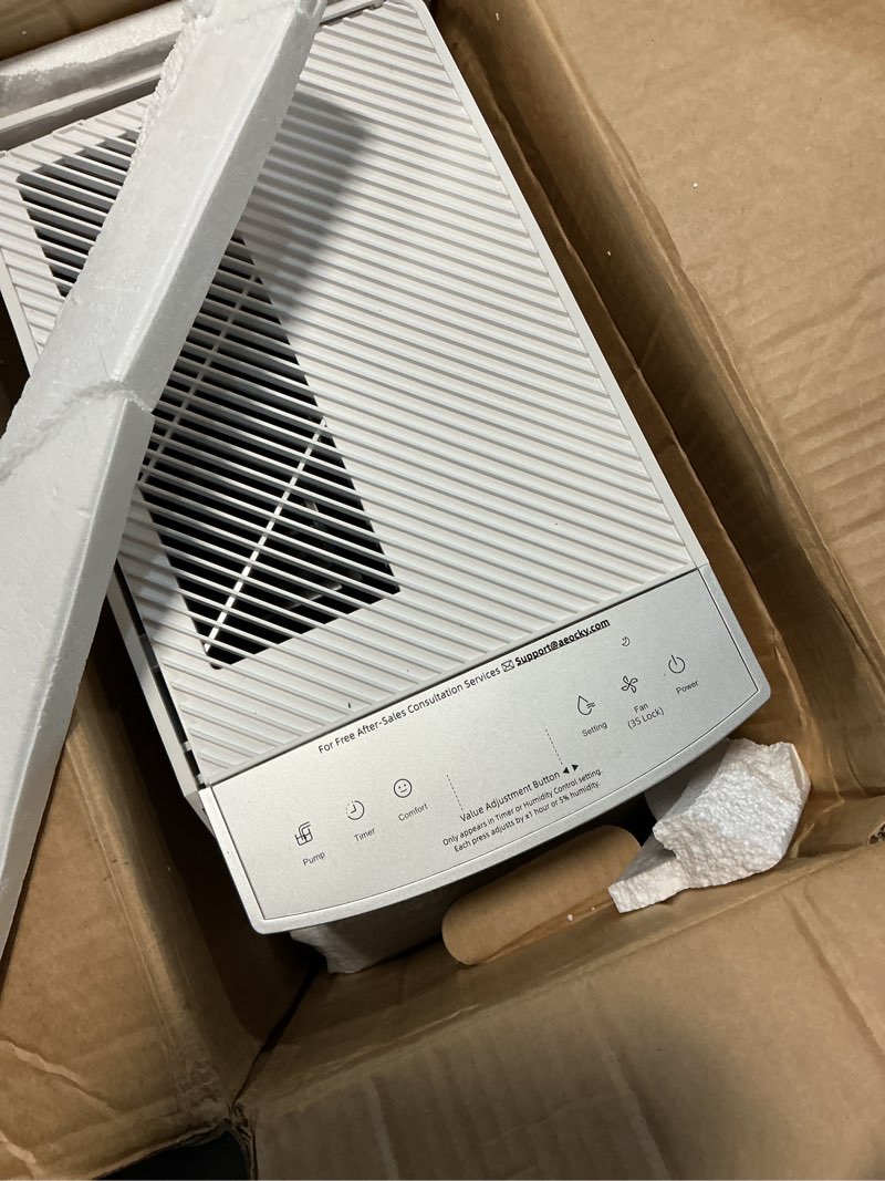 Condition photo showing As Is for aeocky 4500 sq.ft energy star most efficient 2025 dehumidifier with pump, max 80 pint/day smart compressor dehumidifier with drain hose, intelligent humidistat,for basement,bedroom,home,bathroom white 80 pint/d (pump)