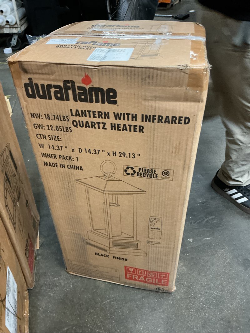 Condition photo showing As Is for 1,500-watt electric lantern infrared quartz space heater with remote control in black