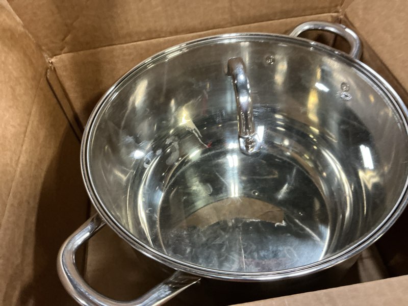 Condition photo showing As Is for kirecoo stainless steel stock pot - 12 quart heavy duty stock cooking pot with visible lid for pasta, soup, spaghetti, nonstick thick bottom big stockpot, cookware for canning, boiling, simmer 12 qt