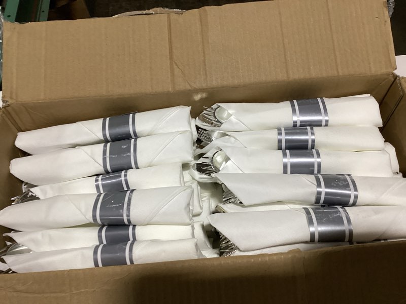 Condition photo showing New/Like New for Supernal 120pack Silver Plastic Silverware,Rolled Plastic Silverware,Pre Rolled Napkins with Cutlery Set,Wrapped Disposable Cutlery Set with Napkin Perfect for Valentine's Day, Mother's Day and Easter 120 Pack Silver