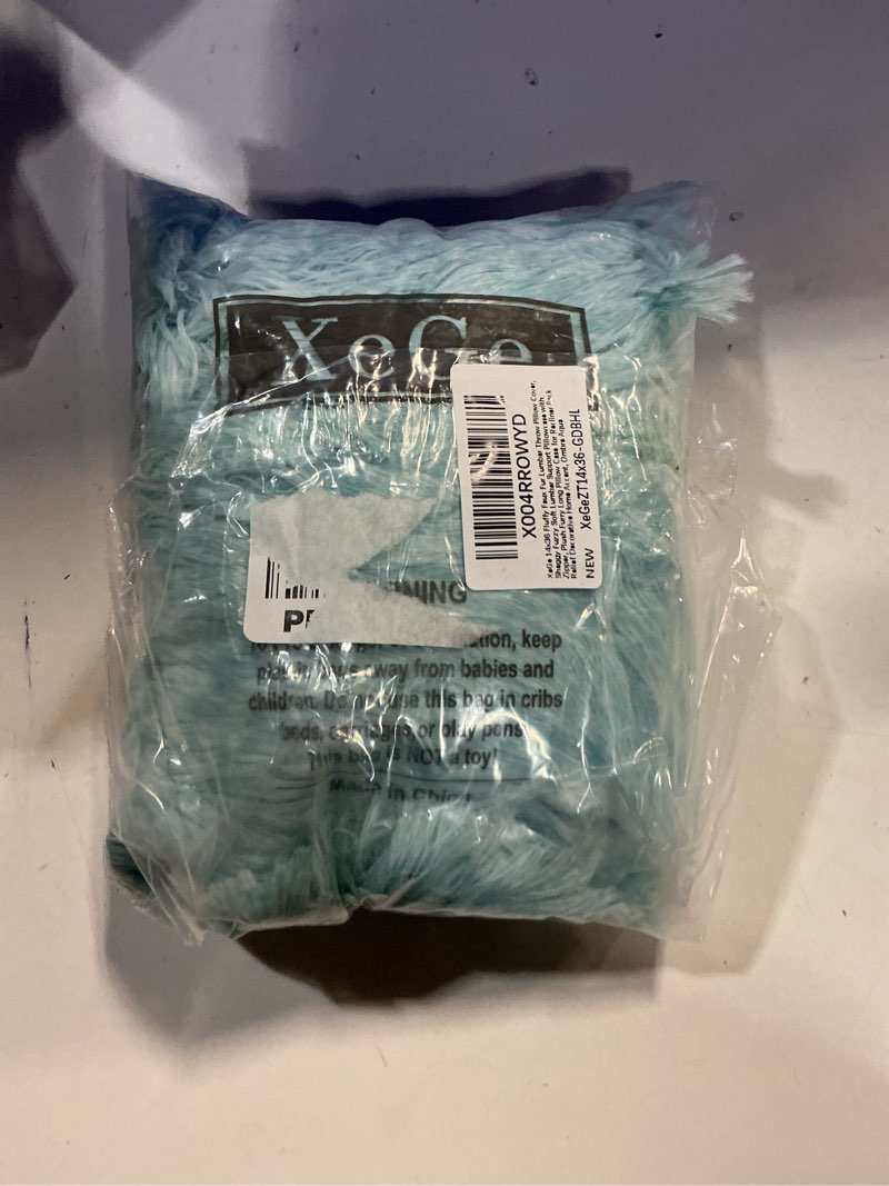 Condition photo showing New/Like New for XeGe 14x36 Fluffy Faux Fur Lumbar Throw Pillow Cover, Shaggy Fuzzy Soft Lumbar Support Pillowcase with Zipper, Plush Furry Long Pillow Case for Recliner Back Relief Decorative Home Accent, Ombre Aqua 36" x 14" (Pack of 1) Ombre Aqua