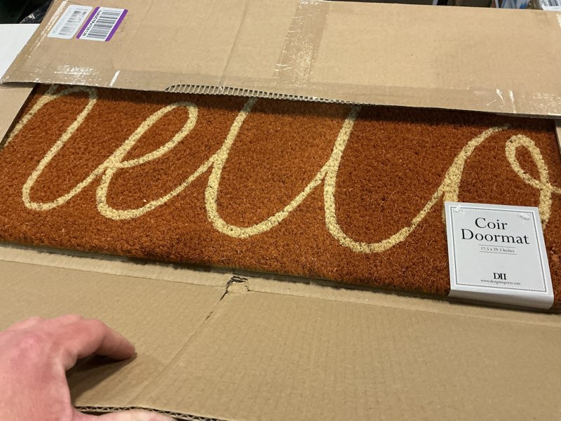 Condition photo showing New/Like New for dii hello coir fiber doormat non-slip durable outdoor/indoor, pet friendly, 18x30, pumpkin spice