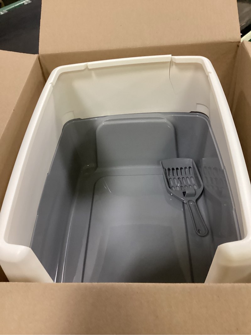 Condition photo showing As Is for amazon basics large cat litter box with high sides, open top for easy access, includes scoop with storage, 19" x 15" x 11.75", grey/beige grey/beige open top