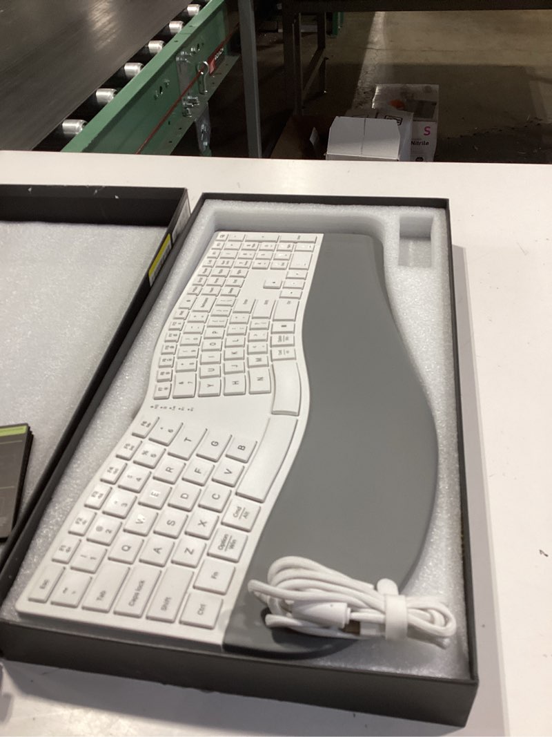 Condition photo showing Good Condition for delux full size wireless ergonomic keyboard with palm rest, ultra-thin split keyboard, bluetooth and 2.4g connection, rechargeable battery, natural typing (gm909-white) white 500mah