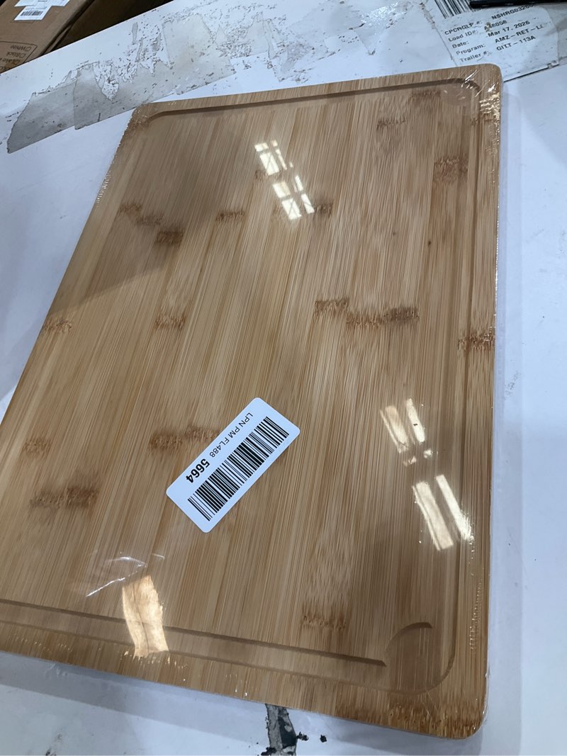 Condition photo showing Good Condition for extra large cutting board, 17.6" bamboo cutting boards for kitchen with juice groove and handles kitchen chopping board for meat cheese board heavy duty serving tray, xl, empune 17.6"l x 12"w