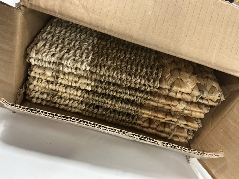 Condition photo showing New/Like New for 12x12 Storage Cube Bins Wicker Storage Basket for Cube Shelf, Natural Foldable Square Baskets for Storage, Large Woven Cube Storage Bin with Handle, Baskets for Pantry, Bedroom Set of 4 11.8 x 11.8 in