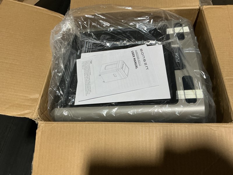 Condition photo showing New/Like New for bonsen 300-sheet auto feed micro-cut 2-in-1 paper shredder for office, 60-mins heavy duty shredder, p-4 high security, 58db super quiet, 8.1-gal pullout bin, casters, black&sliver (s3113 new version)